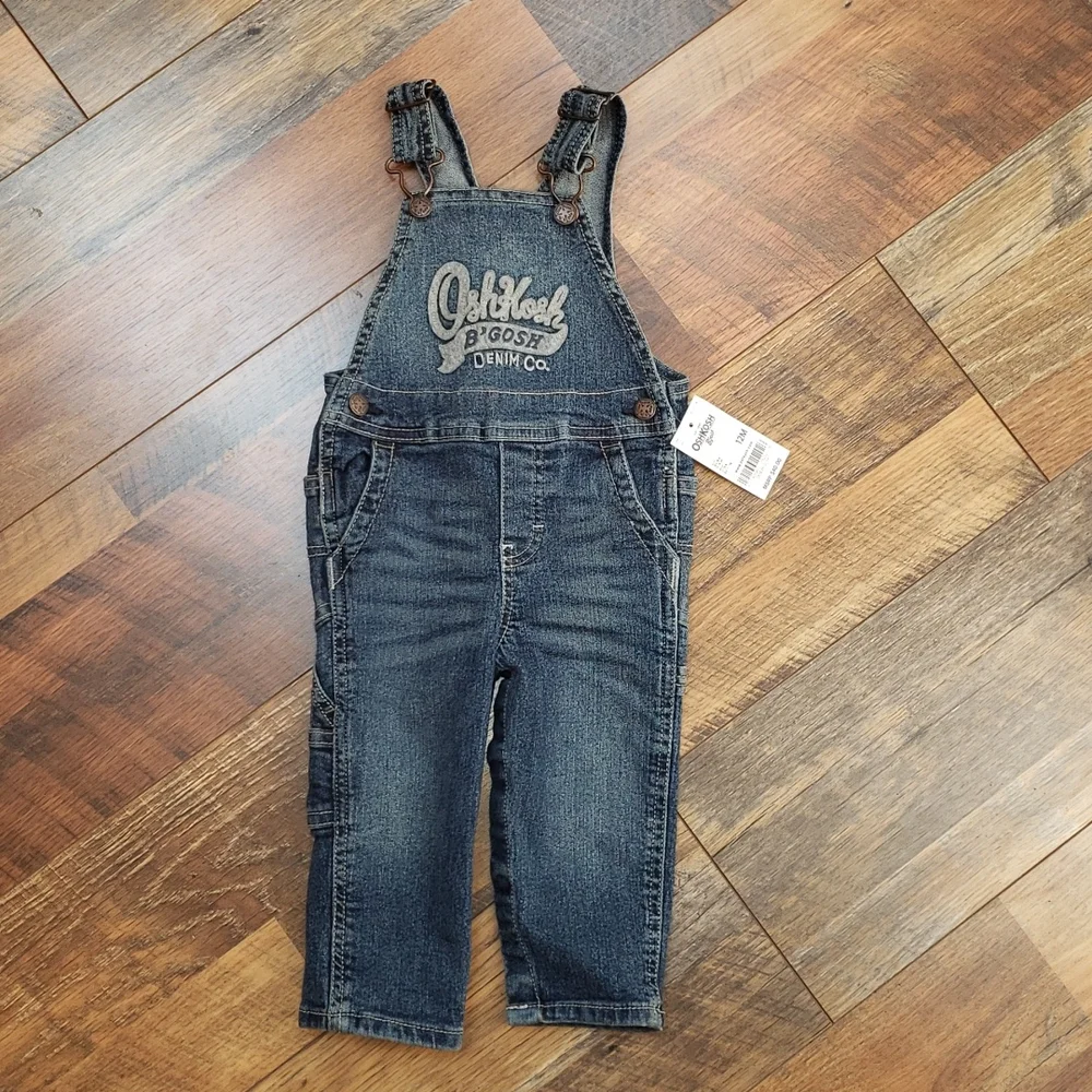 Oshkosh B'Gosh Vestbak Logo Graphic Blue Denim Overalls, Size 12 Months
